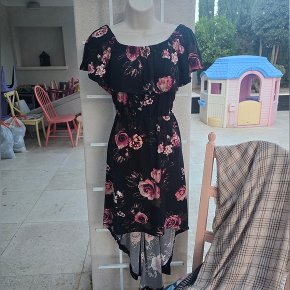 Hot Kiss Dresses & Skirts - Hot Kiss Black Dress with Pink Floral Print | High-Low | Off The Shoulder |Flowy